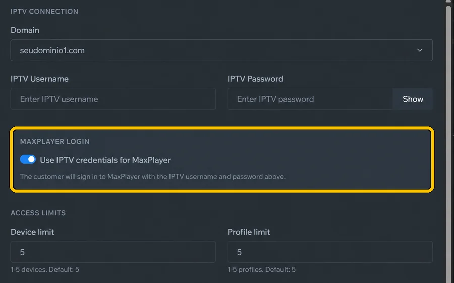In **Domain**, choose the DNS. Type the customer's list **IPTV Username** and **IPTV Password**. Keep **Use IPTV credentials for MaxPlayer** on: the customer signs in to the app with that same username and password.