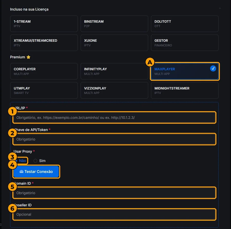 Go to **Server › Add** and choose the **MAXPLAYER** card (**A**). Fill in: **1** URL/IP `https://api.maxplayer.tv` · **2** the API key · **3** Use Proxy: **No** · **4** click **Test Connection** · **5** the DNS ID · **6** Reseller ID: leave empty.